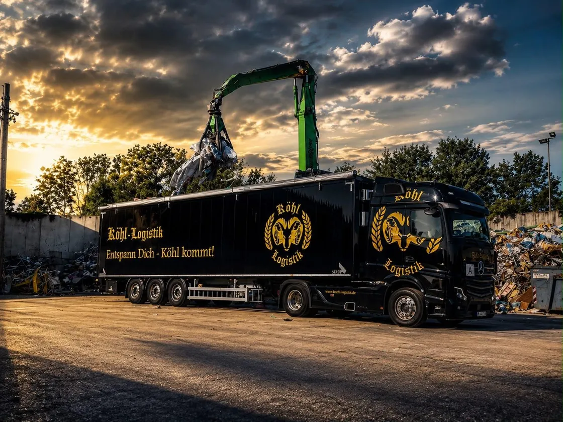 Sattelzug der Köhl Logistik GmbH wird im Abendlicht von einem Bagger beladen