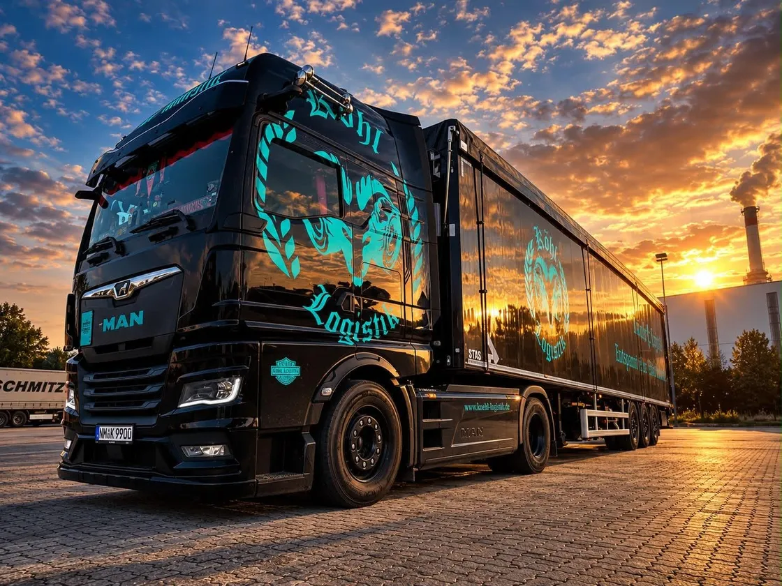 MAN-Sattelzug der Köhl Logistik GmbH mit türkisfarbenem Widder-Logo bei Sonnenuntergang